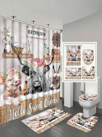 1 Set/4 Pcs - Highland Cow Bathroom Curtain Set, Includes Waterproof Shower Curtain And 12 Plastic Hooks, Bathroom Non-Slip Mat, U-Shaped Toilet Mat, Lid Cover, Funny Rustic Farmhouse Western Animal Donkey Chicken Pig Wooden Board Bathroom Decor