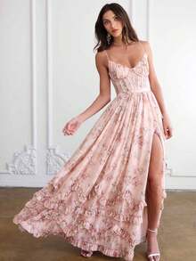 Women's Off-The-Shoulder Vintage Floral Print Maxi Dress: Western, Country, Bohemian, Cruise Style, Vintage Corset Dress. - 粉色 - 查看 1