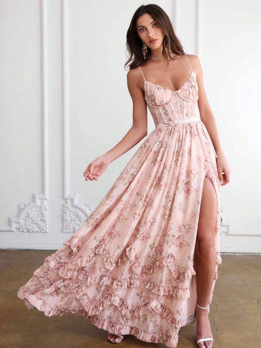 Women's Off-The-Shoulder Vintage Floral Print Maxi Dress: Western, Country, Bohemian, Cruise Style, Vintage Corset Dress. - 粉色 - 查看 1