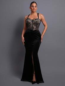 吊带蕾丝拼接女士晚礼服 - 优雅修身长裙，精致蕾丝上衣，迷人开衩设计，修身剪裁，吊带设计，适合派对、宴会、婚礼、舞会及其他正式场合。春季派对必备 - 黑色 - 查看 9