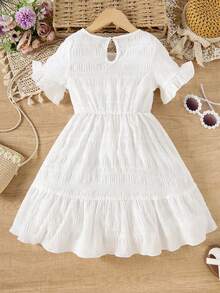 Đầm trắng tay phồng xếp ly dáng casual cho bé gái - Phong cách tối giản thời trang, thiết kế nhẹ nhàng, phù hợp mặc mùa xuân/hè, trang phục thường ngày | Viền xếp ly | Đầm nhẹ - trắng - Xem 2