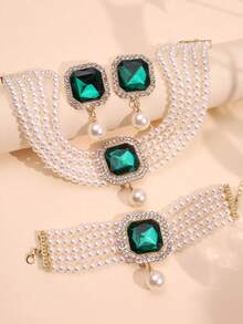 4pcs Set Luxurious Exaggerated Multi-Layer Faux Pearl, Rhinestone And Crystal Embedded Necklace, Earrings, Bracelet Jewelry Set, Suitable For Women's Wedding, Party, And Holiday Gifts - Multicolor - View 5