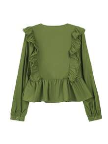 ii Blusa de manga larga con volantes, parches de encaje y unicolor casual para primavera - Verde militar - Ver 6