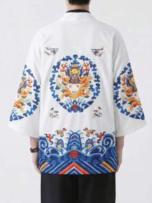 中国风龙纹印花七分袖长袍开衫，宽松男女通用轻便休闲外套 - 白色 - 查看 2