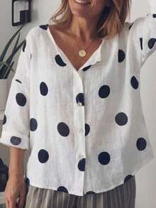 Women's Fashionable White Polka Dot Blouse, V-Neck 3/4 Sleeve Button-Up Top, Casual Loose Polyester Shirt, Suitable For Daily Wear Vacation - Multicolor - View 10