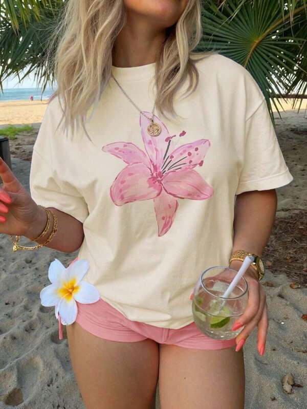 Sundraya Women Plus Size Cherry Sequin Y2K Floral Minimalist Casual Street Graphic Print Crew Neck Short SleeveFashionable Women's Clothing