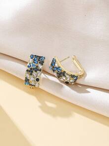 1 Pair Women's Vintage Blue & Cubic Synthetic Zirconia Hoop Earrings - Multicolor Flower & Leaf Hoops With Blue/Green/White/Gold Color/Grey, Sparkling Party Wedding Jewelry Gift For Christmas, Anniversary - Earrings - View 5