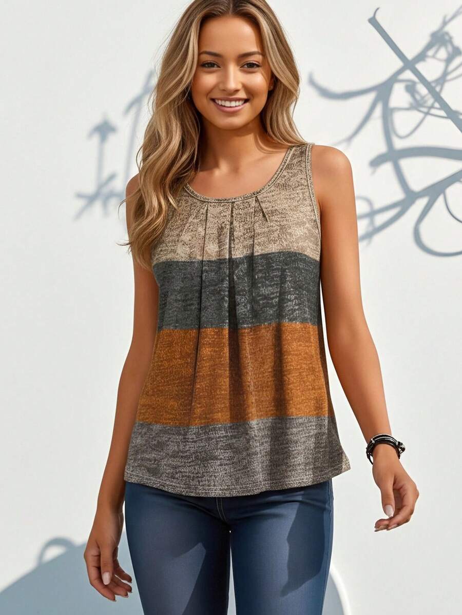 新款时尚数码印花牛奶丝面料，清凉夏季面料，适合约会、居家、度假、露营、海滩、摄影、跳舞、派对、购物等场合，百搭休闲，条纹印花无袖背心，春夏女装之选。