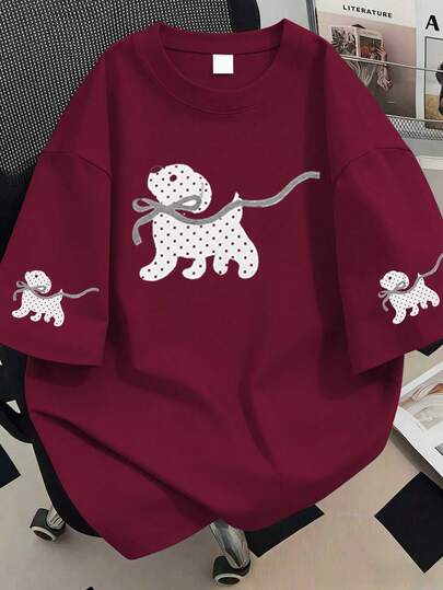 Camiseta de mujer de cuello redondo con estampado de lunares y cachorro, tallas grandes, estilo casual de verano, de manga corta y elegante. Adecuada para vacaciones de verano, playa, primavera, Día de San Valentín y otras ocasiones; disfraz de carnaval, regalo del Día de la Madre