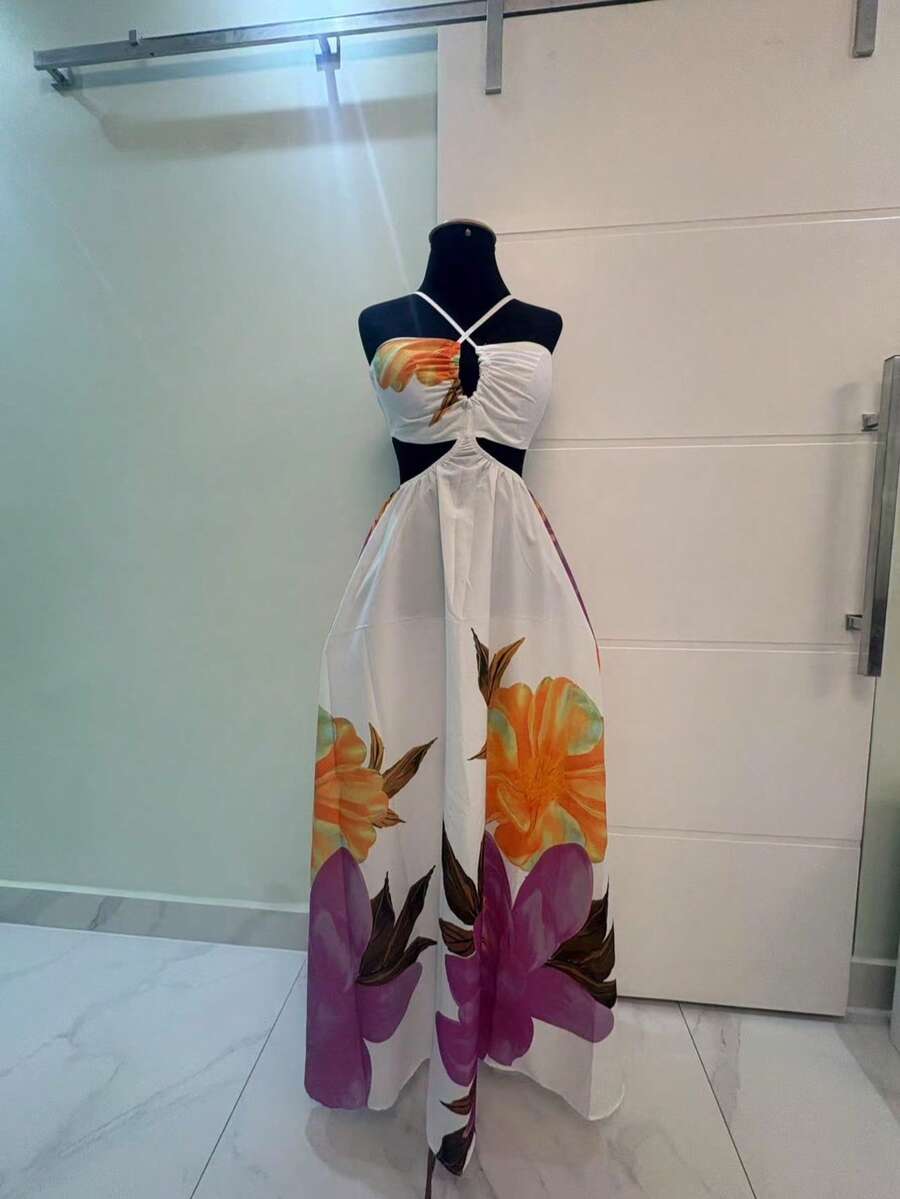 Long Dress With Built-In Bra, Floral Print, Farmi Inspired, Elegant And Comfortable, Blogger-Style, Luxury, New, All-Over Floral Print, Beachwear. - Pearl White - 查看 1