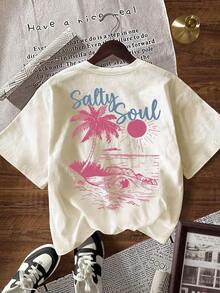 Camiseta informal de mujer de manga corta, cuello redondo y ajuste holgado con estampado de letras, para el verano - Albaricoque 2 - Ver 3