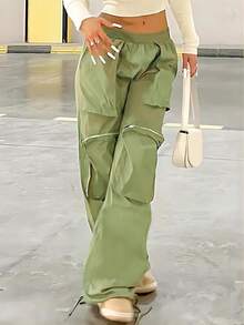 GILIPUR Y2K 女式直筒宽松绿色工装阔腿裤，多口袋设计，休闲复古，优雅下装，街头风春季单品 - 綠色 - 查看 4