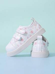 1 Pair White Casual Toddler/Baby Girl Shoes, Bohemian Random Peony Flower Pattern, Soft PU Material, Round Toe, Non-Slip Soft Sole, Dual Strap Design, Fashionable & Cute Sneakers Suitable For Daily, Vacation, School, Running - White - View 5