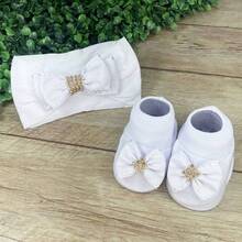 Baby Slippers And Headband Set For Newborns With Rhinestones And Assorted Bows - White - View 4