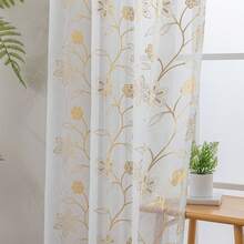 2pcs White Voile Curtains With Gold Foil Printing, Easy Installation With Grommets, Suitable For Bedroom, Living Room, Bay Window, Corridor, Study, Balcony, Kitchen And Other Scenes, All Seasons - 2pcs - View 3