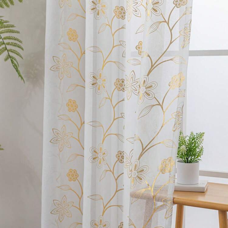 Bộ 2 rèm voan trắng in họa tiết vàng, dễ dàng lắp đặt với khoen cài, phù hợp cho phòng ngủ, phòng khách, cửa sổ lồi, hành lang, phòng học, ban công, nhà bếp và các không gian khác, sử dụng được quanh năm. - 2pcs - Xem 4