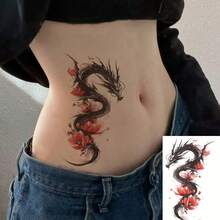 1pc Colorful Fresh Realistic Dragon & Red Floral Temporary Tattoo Sticker, Waterproof Long-Lasting Durable Fake Tattoo, Fashionable Body Art For Men & Women, Applicable To Arm, Shoulder, Abdomen, Waist, Leg - Halloween - View 2