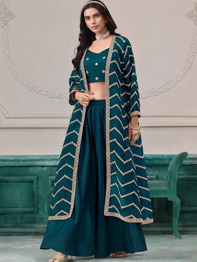 Elegant Jacket Style Indo-Western Palazzo Suit Set For Wedding & Festive Wear