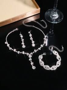 3pcs Set Elegant Necklace, Earrings, Bracelet, Floral Design With Rhinestones, Suitable For Women's Daily Wear, Weddings, Parties And Other Occasions - White - View 2