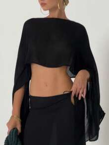 Women's Loose Sheer Tops Solid Color Bat Sleeve Off One Shoulder T-Shirt Chiffon Shirts For Summer - Black - View 3