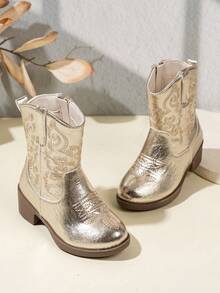 NILOSH 1 Pair Children's Embroidered PU Leather TPR Sole Mid-Calf Boots, Fashionable Spring/Autumn Style - Gold - View 6