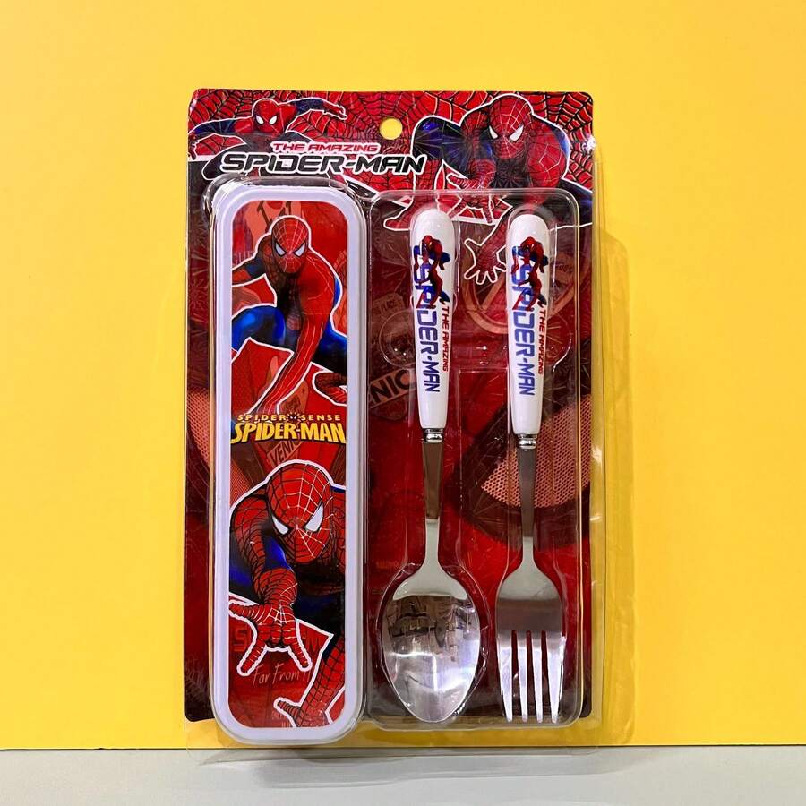 Set de 2 piezas de cubiertos con forma de personajes de dibujos animados de superhéroes, cuchara y tenedor, suministros para fiestas de personajes de anime - Multicolor - Ver 1