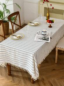 1pc American Retro Minimalist Polyester Linen Tassel Tablecloth, Heat-Resistant Rectangular Tablecloth Suitable For Kitchen, Dining Table, Coffee Table, TV Cabinet, Family Gathering, Outdoor Picnic - Multicolor - View 5