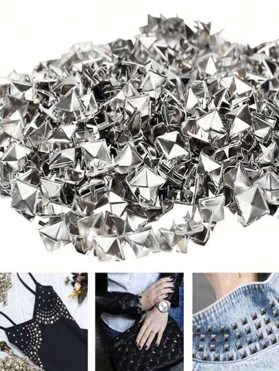 100 chiếc đinh tán kim loại vuông 4 chấu 10mm, màu bạc, kiểu dáng hình chóp, thích hợp trang trí quần áo, đồ da, túi xách, vòng cổ thú cưng, đồ thủ công, phong cách punk, bền và dễ lắp đặt. Phụ kiện đinh tán kim loại trang trí