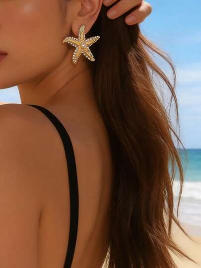1对时尚水钻锌合金海星耳环，适合女性日常佩戴、春夏海滩度假和派对搭配