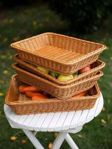 1 Rectangular Wicker Bread Basket, Handmade Brown Fruit Basket, Suitable For Storing And Displaying Bread, Vegetables, Fruits, Snacks, And Handicrafts, Imitation Wicker Fruit Basket, With Multiple Specifications To Choose From - Brown - View 2