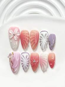 10pcs Gentle Floral Style Handmade Nail Art Set, Including Gel Nail Kit, 3D Butterfly Nail Decorations, Handcrafted 5-Petal Flowers And Line Nail Decors, Purple/Pink/Red Nail Polish, Faux Style, With Nail Tools (1 Jelly Sticker + 1 Nail File). 3 Sizes Available: Square, Short Square, Almond. Suitable For Parties, Daily Wear, Parties, Photography, Spring/Summer Commute, Etc. Press On Nails - Multicolor - View 12
