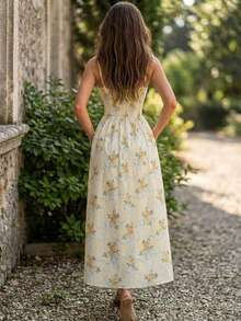 Women's Elegant Cream Yellow Rose Print Sweetheart Neck Spaghetti Strap Midi Dress, Chic Romantic Vacation Dress - Light Yellow - View 2