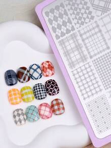 1片格子美甲印花板，菱形格子图案Y2K风格印花模板，美甲配件工具，美甲沙龙用品 - 彩色 - 查看 10