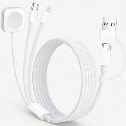 三合一磁吸充电线：尼龙编织无线充电线，支持手表充电，配备 USB/Type-C 和 Lightning 接口，兼容 /SE/S9/S8/S10/S11/SE 3/Ultra 3 等机型 - 白色便携旅行