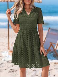 PRETTYGARDEN Women's Summer Dress V-Neck Hollow Eyelet Ruffle A-Line Hem Elegant Short Casual Wedding Graduation Travel Beach Holiday Vacation Army Green Dresses For Women - 軍綠色 - 查看 6