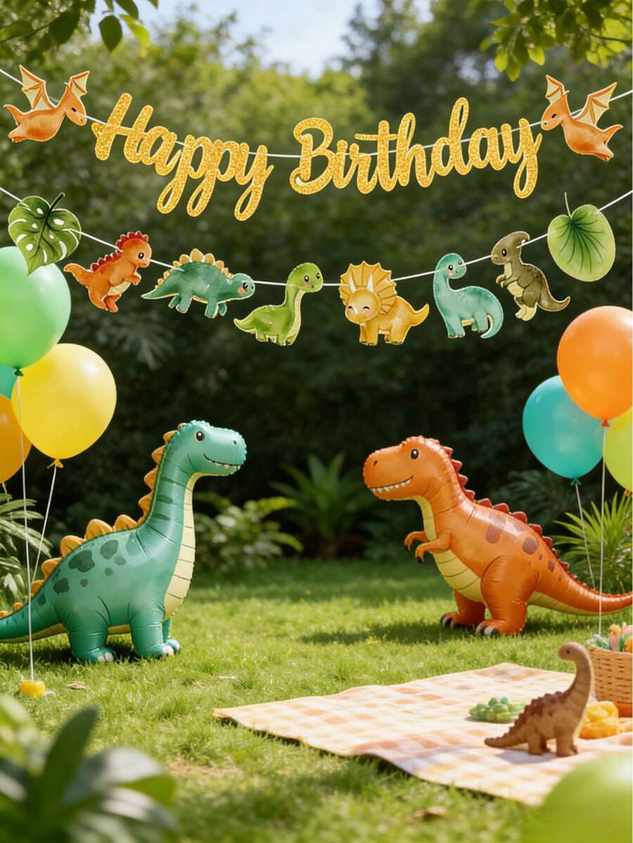 1套恐龍主題生日派對裝飾橫幅，恐龍主題生日派對裝飾，1歲生日派對裝飾，嬰兒洗禮派對裝飾，男孩生日派對用品，恐龍主題生日派對背景裝飾，叢林恐龍主題派對裝飾