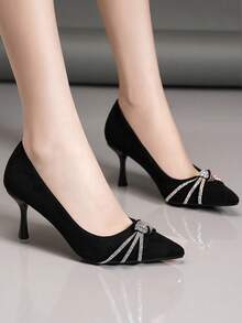 Women's Fashionable & Comfortable Rhinestone Lace-Up Pointed Toe Stiletto High Heel Pumps, Versatile Slip-On Shoes - Black - View 4