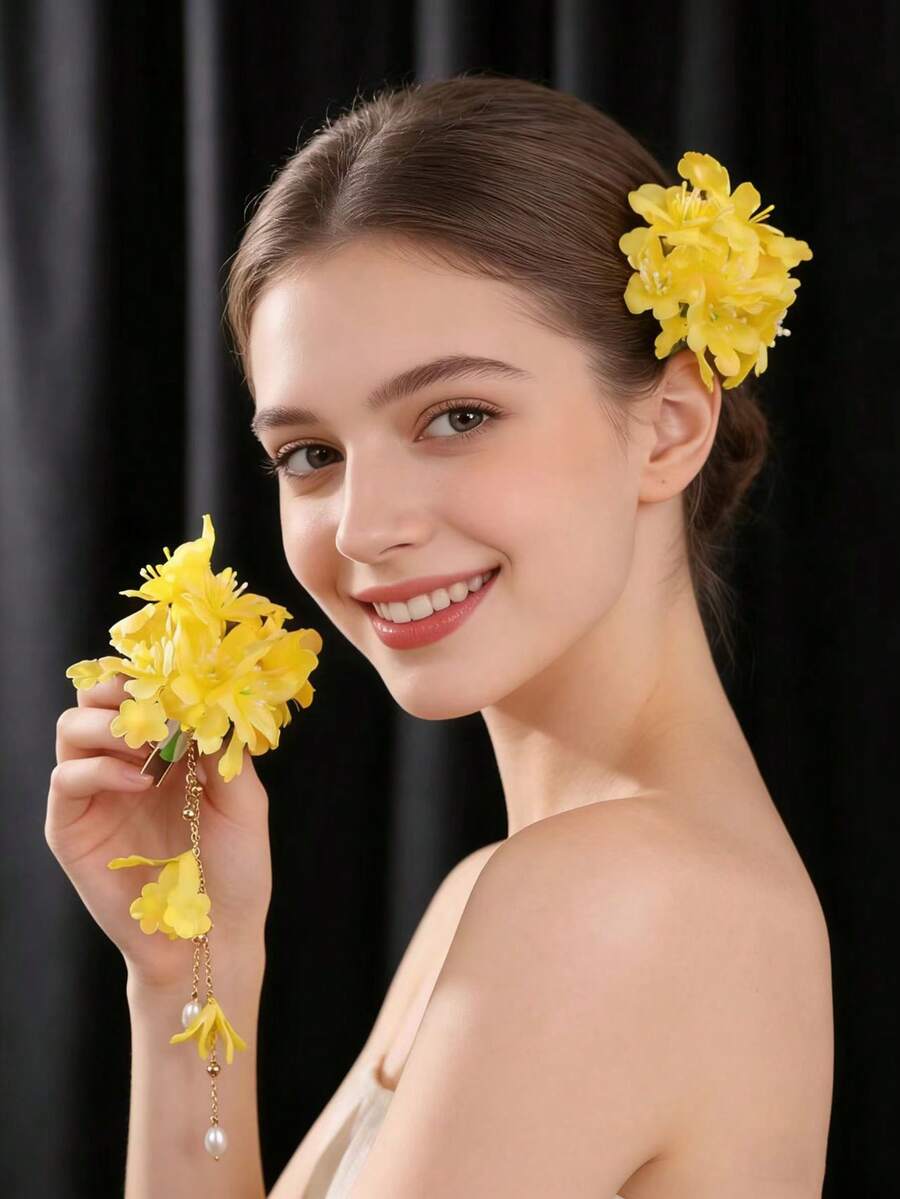 2个女士清新优雅绣球珍珠发夹，适合日常佩戴，居家、学校、海滩、办公室、派对、节日、生日、返校、新年、情人节、母亲节、婚礼、音乐节、毕业典礼等场合。 - 黃色 - 查看 1