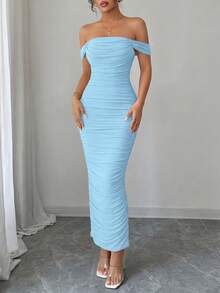 PRETTYGARDEN Women's Summer Dresses Off The Shoulder Dress Ruched Bodycon Sleeveless  Evening Elegant Dresses Wedding Guest Graduation  Cocktail Club Party Light Blue Maxi Dresses - 淺藍色 - 查看 3