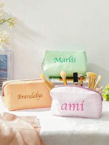 1pc Customized Embroidered Minimalist Square Cosmetic Bag, Makeup Bag, Skincare Pouch, Travel Organizer, Essential For Travel, Cruise, Dorm, Bridesmaid Gift, Mother's Gift, Birthday Gift, Friend & Teacher Gift, Home Decor, Bathroom, Bedroom, Jewelry, Lipstick, Nail Polish Storage - Multicolor - View 7