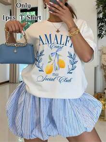 1pcsLadies' Fashion-Shirt Inspired By Lemons Of Amalfi In Italy, Featuring Letters 'AMALFI' And 'ITALY Social Club' Along With Sfusato Amalfitano Lemons.Made From% Soft Fabric |   Round Neck |   Short Sleeves |   Slightly Stretc180gSummer Tops For Women Casual Cotton Graphic Tees - 白色 - 查看 6