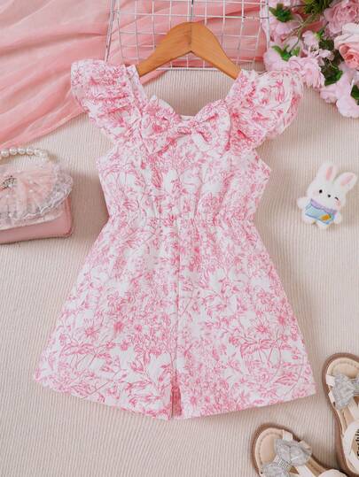Young Girls' Sweet Floral Cap Sleeve Romper, Fashionable Princess Style Holiday Jumpsuit