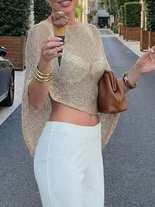 FOR BEAUTY Summer New Women's Solid Color Ribbed Light Apricot Knit Cardigan, Asymmetric Hem Design, Fine Shiny Texture Knit, Lightweight & Breathable, Slightly Loose Fit Suitable For Various Body Types, Vacation & Beach Casual Style Top - 金色 - 查看 4