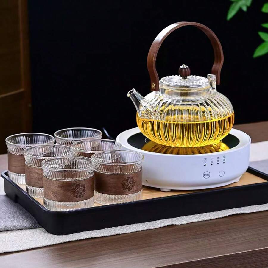 1个条纹南瓜形高硼硅玻璃茶壶，配胡桃木手柄，高品质玻璃茶壶