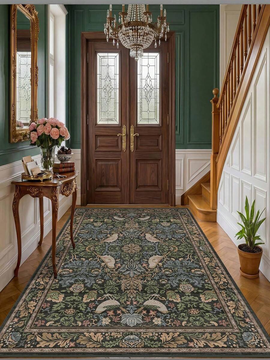 1pc Luxurious Fluffy Soft Bohemian Vintage Bird Pattern Area Rug, Non-Slip Washable, Velvet Surface + TPR Backing, Suitable For Living Room, Bedroom, Hallway, Elegant Persian Palace Design With Baroque Elements, Indoor Mat | Non-Slip Bottom - Army Green - View 1