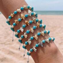 6件套波西米亚风玻璃珠手链套装，人造贝壳和绿松石可调节抽绳手链，女士沙滩派对配饰 - 藍白色 - 查看 1