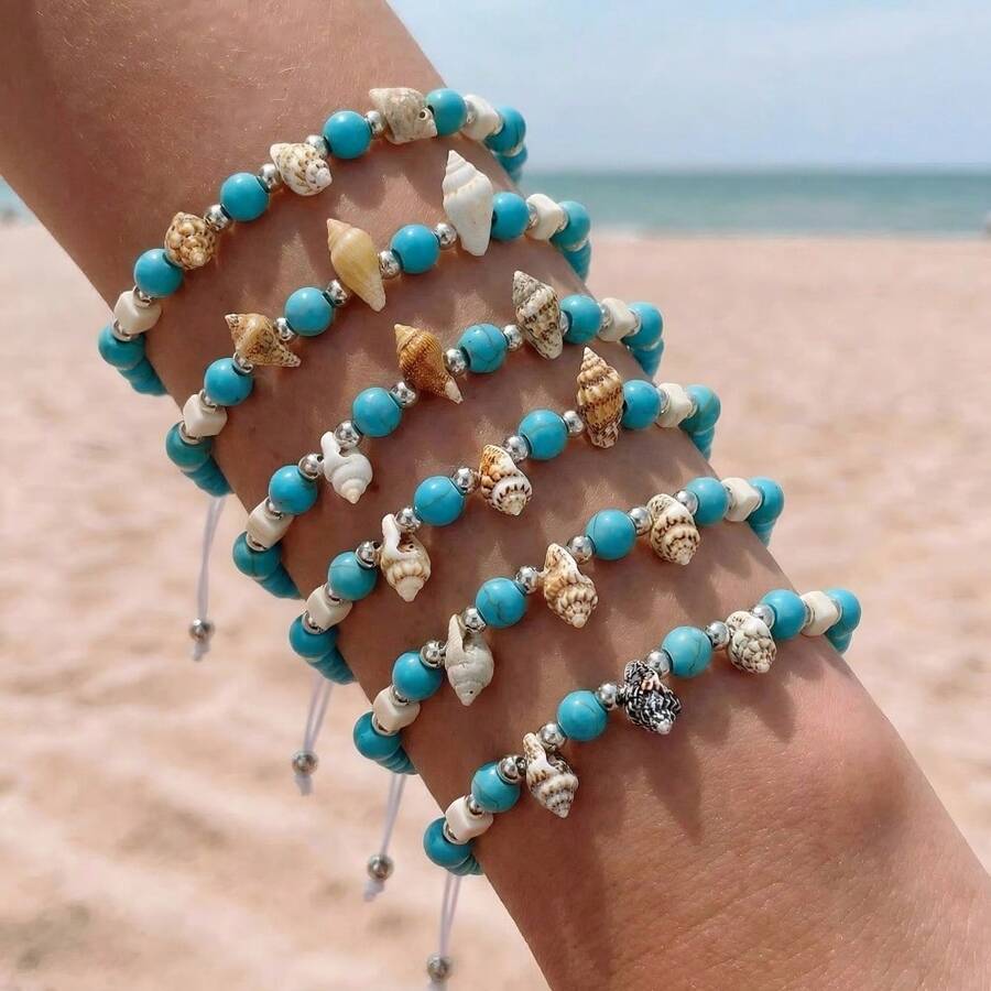 6件套波西米亚风玻璃珠手链套装，人造贝壳和绿松石可调节抽绳手链，女士沙滩派对配饰 - 藍白色 - 查看 1
