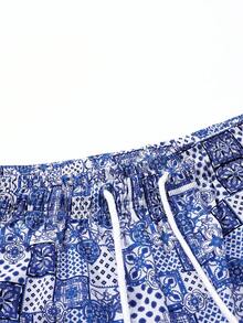 MAISONFOX 男士印花抽绳腰带短裤，男士休闲彩色印花抽绳腰带沙滩短裤，男士抽绳腰带彩色印花图案跑步短裤，适合作为送给丈夫/男友的礼物，夏威夷度假沙滩必备 - 藍色 - 查看 3