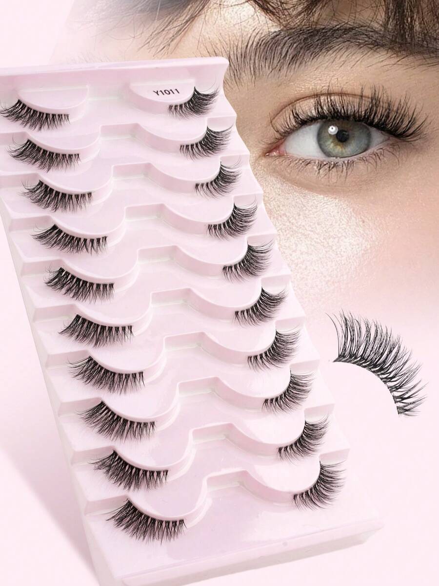 10 Pairs Natural Cat Eye Transparent Stem False Eyelashes, Fluffy 3D Faux Mink Handmade Half-Strip Eyelashes, Suitable For Daily Wear To Elongate Eye Corners For Girls - Black - View 1