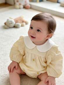 Baby Girls' Floral Ruffled Collar Romper, Spring - Apricot - View 4